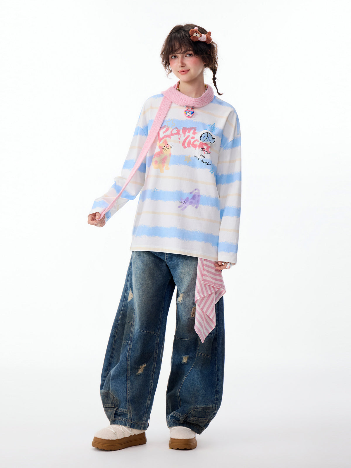CAT COLOR-BLOCK STRIPED LONG-SLEEVE TEE