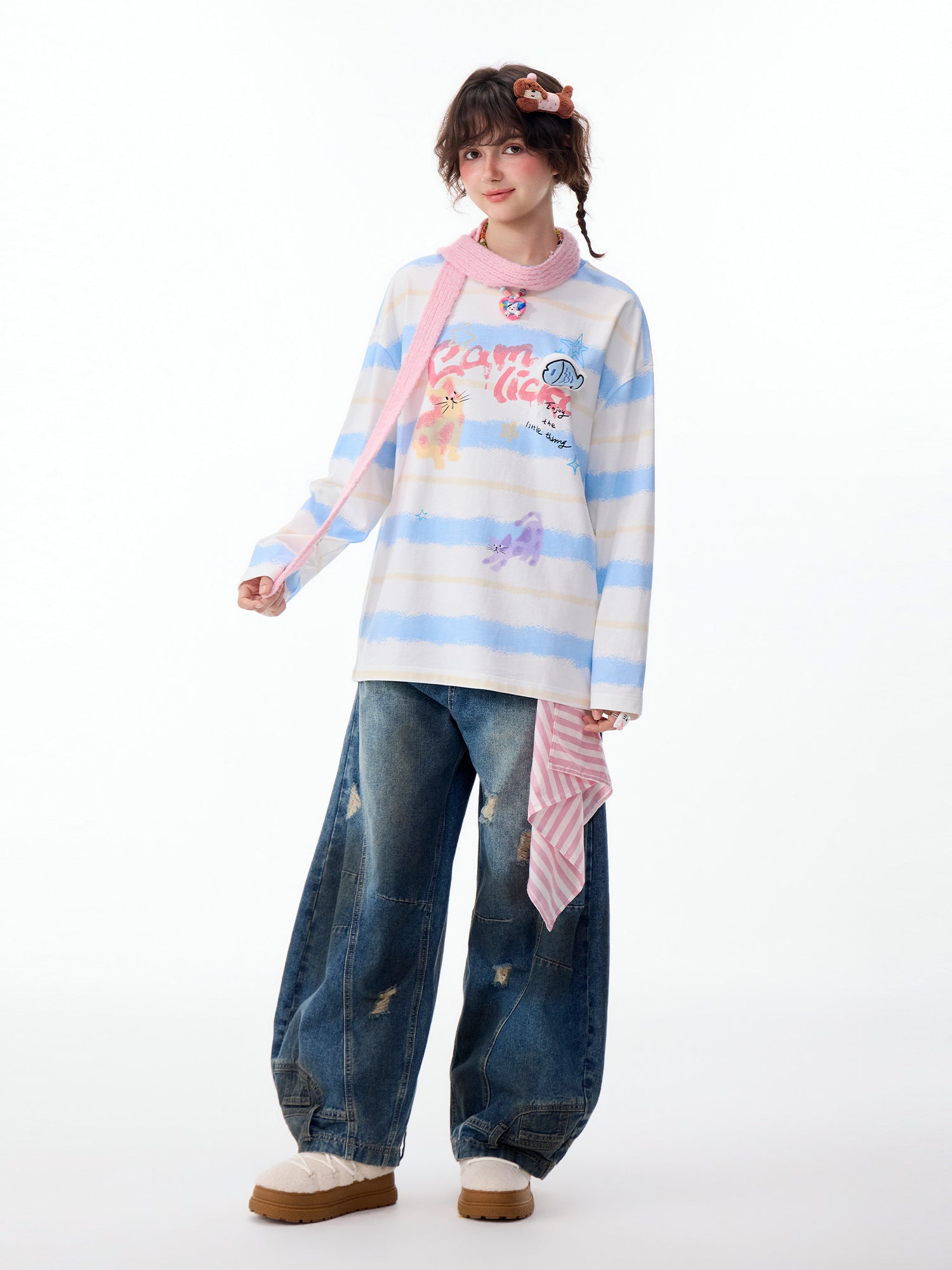 CAT COLOR-BLOCK STRIPED LONG-SLEEVE TEE