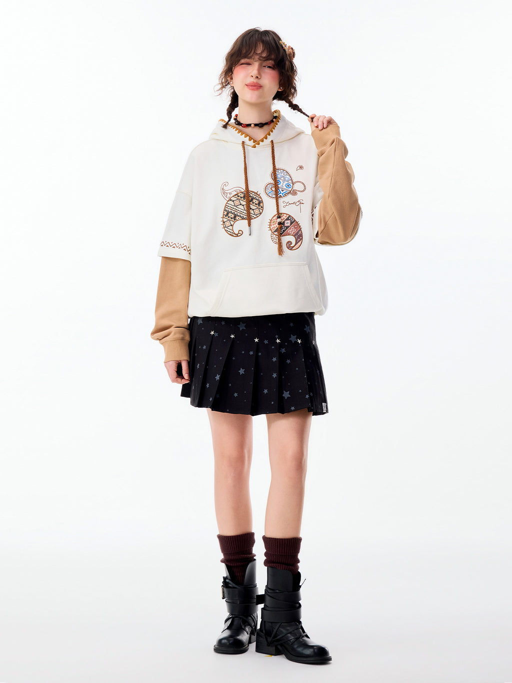 ETHNIC TOTEM LAYERED PULLOVER HOODIE