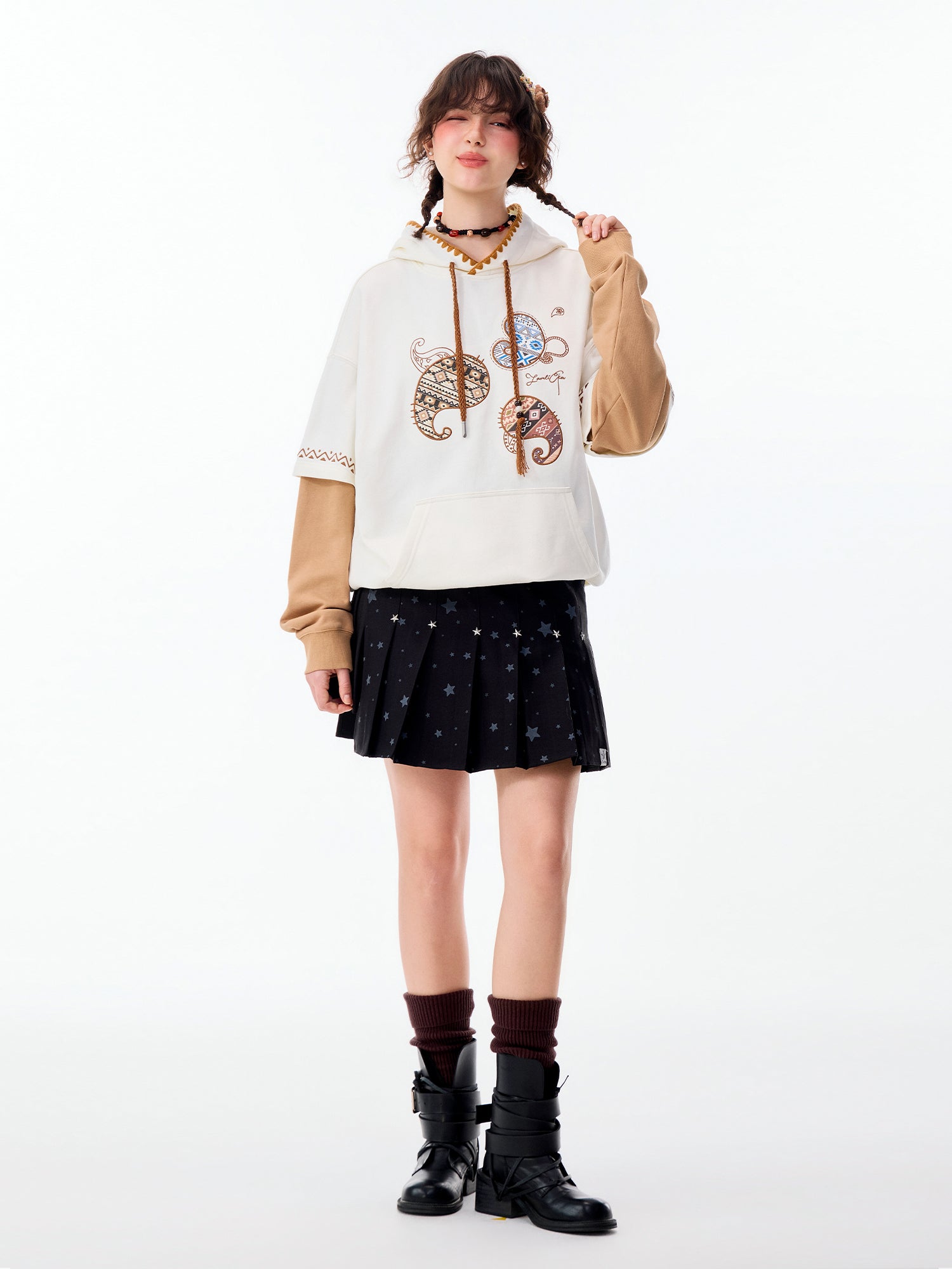 ETHNIC TOTEM LAYERED PULLOVER HOODIE