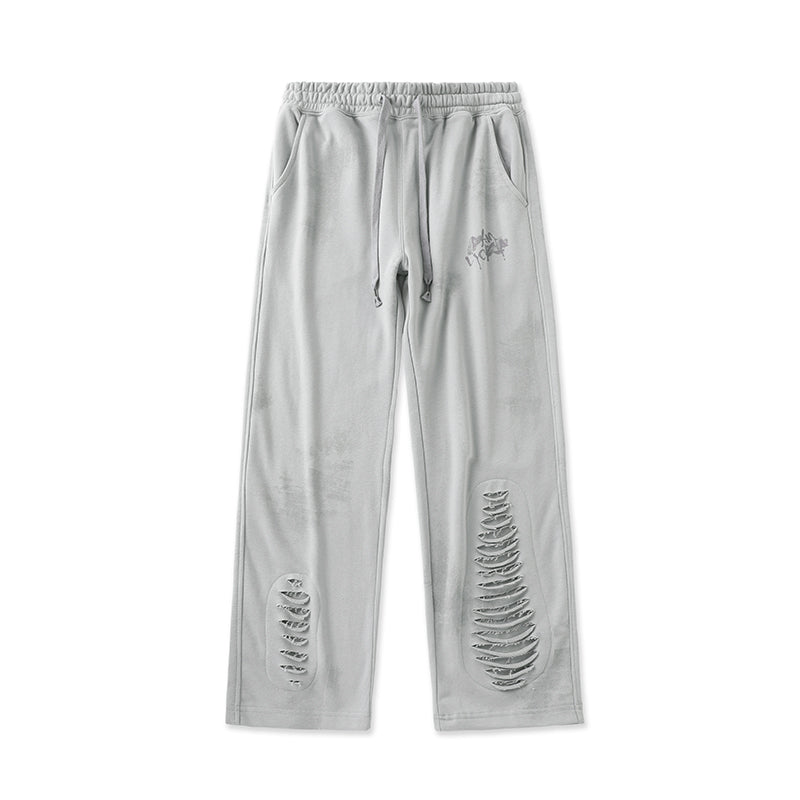 Men's Autumn Casual Street Fashion Pants, American Style, Elasticated, Grey, with Ripped Holes, Loose-fitting, Long Pants.