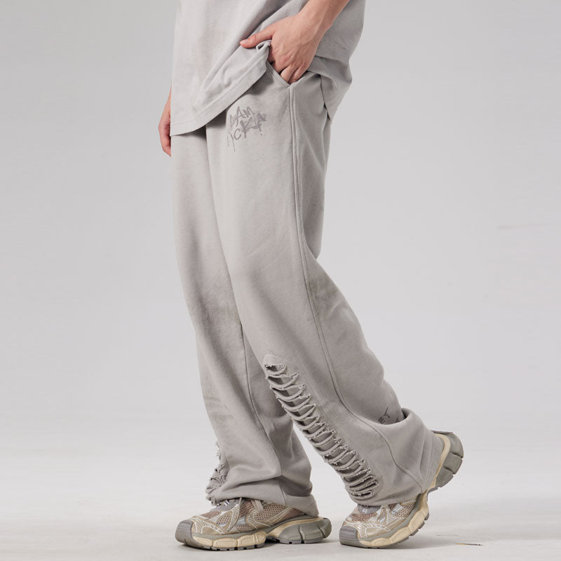 Men's Autumn Casual Street Fashion Pants, American Style, Elasticated, Grey, with Ripped Holes, Loose-fitting, Long Pants.