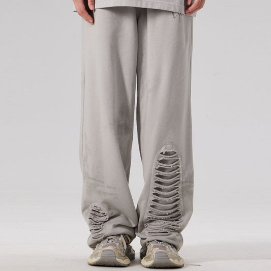 Men's Autumn Casual Street Fashion Pants, American Style, Elasticated, Grey, with Ripped Holes, Loose-fitting, Long Pants.