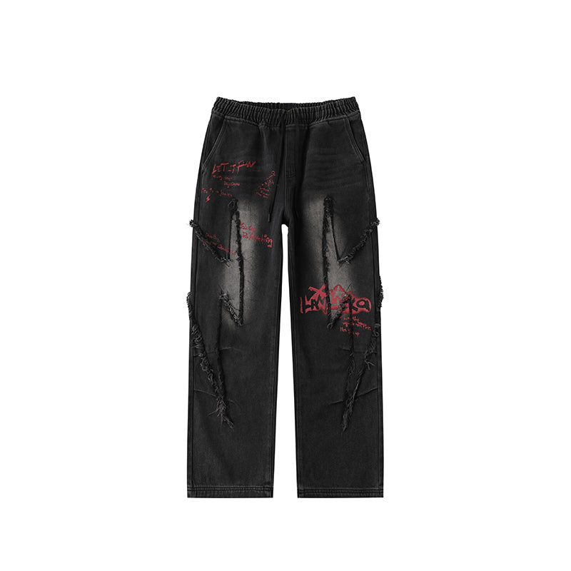 Men's American Lightning Patch Denim Jeans - Autumn Fashion Graffiti Print Water-washed Loose Straight Pants.