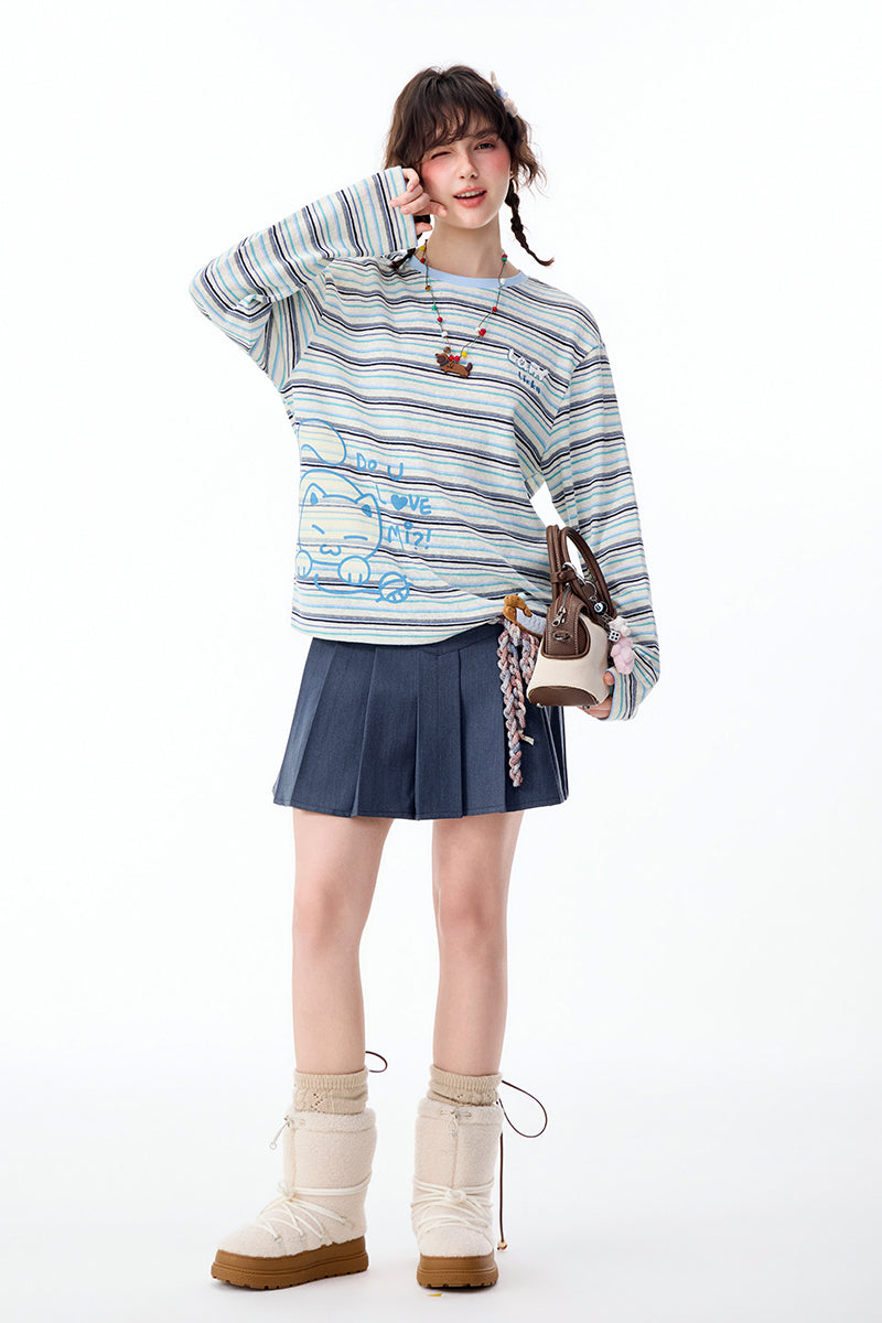 VINTAGE STRIPE CAT GRAPHIC LONG-SLEEVE TEE