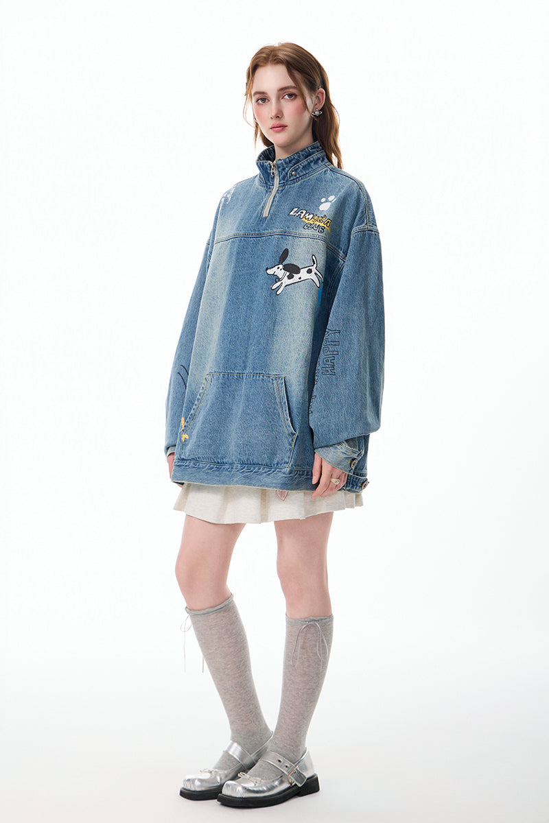 HAND-PAINTED HALF-ZIP DENIM JACKET