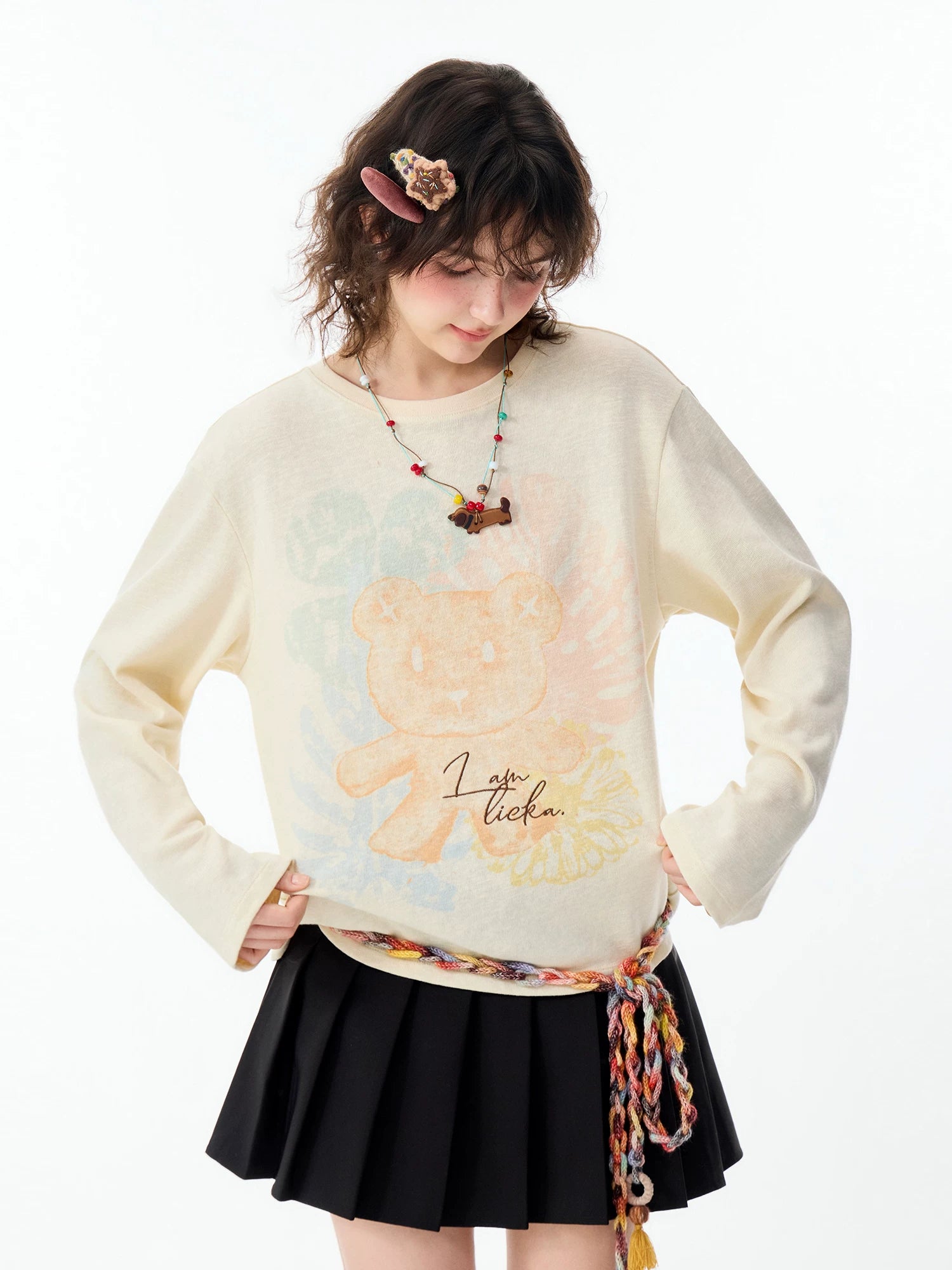 Lamlicka Bear Print Cotton Linen Sheer Overlay Long Sleeve Top - Tops - LAMLICKA