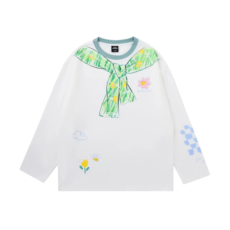 LAMLICKA scarf printed contrasting color trendy brand long - sleeved t - shirt - LAMLICKA - White - 2XL fits 175 - 100kg - 6009825777199