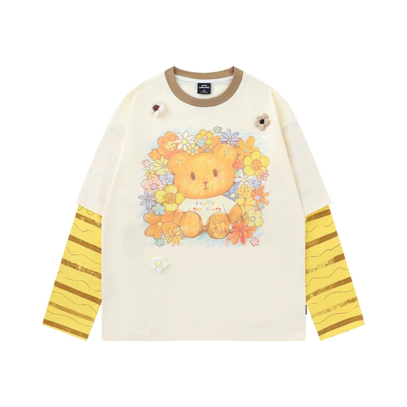 Lamlicka Bear Color Block Faux Two - Piece Cotton Long Sleeve Tee - LAMLICKA - Striped - 2XL