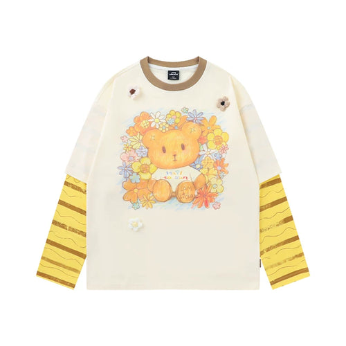 Lamlicka Bear Color Block Faux Two - Piece Cotton Long Sleeve Tee - LAMLICKA - Striped - 2XL