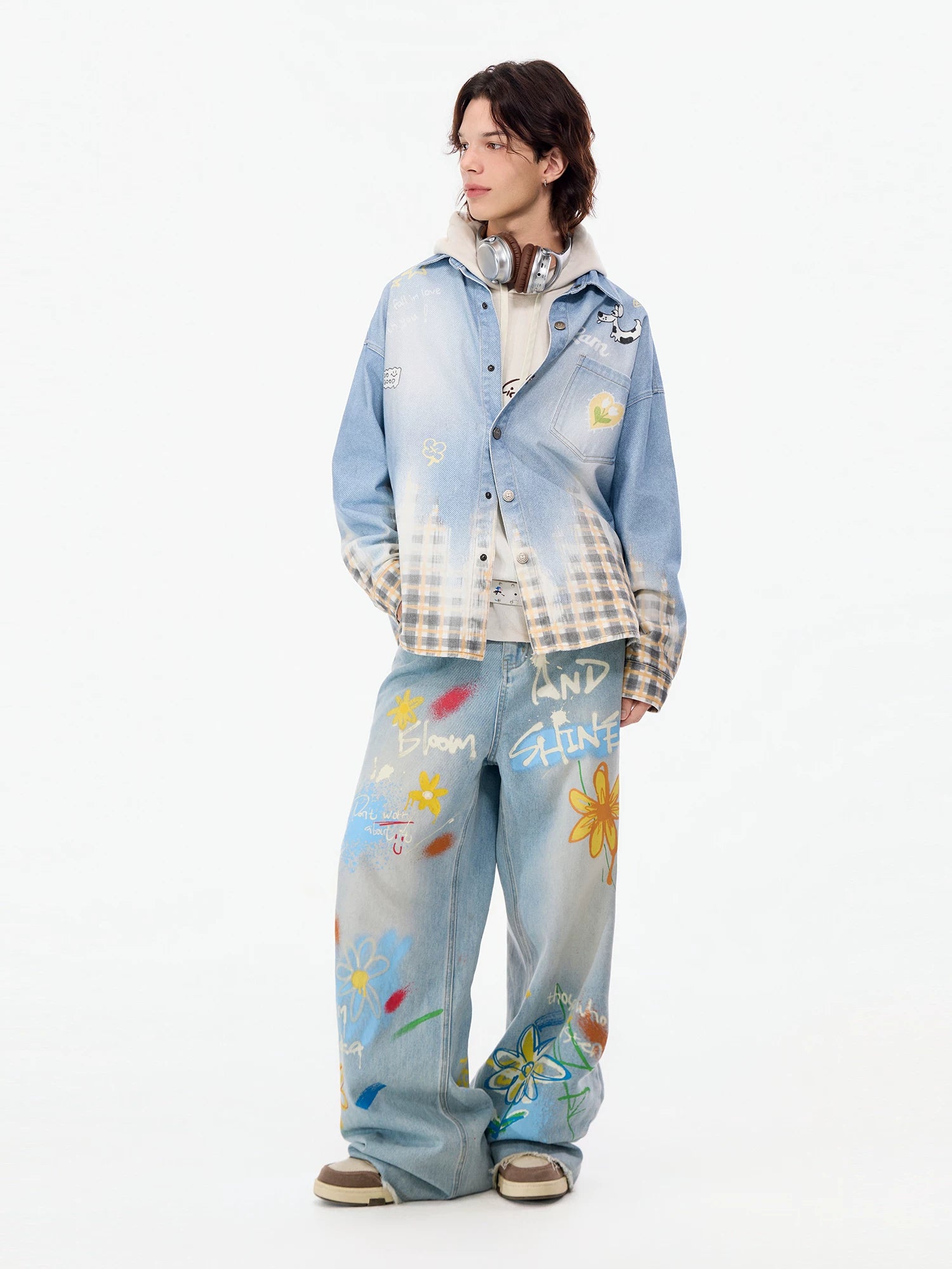 Lamlicka floral graffiti denim wide leg jeans - american high street heavyweight washed straight leg pants - LAMLICKA