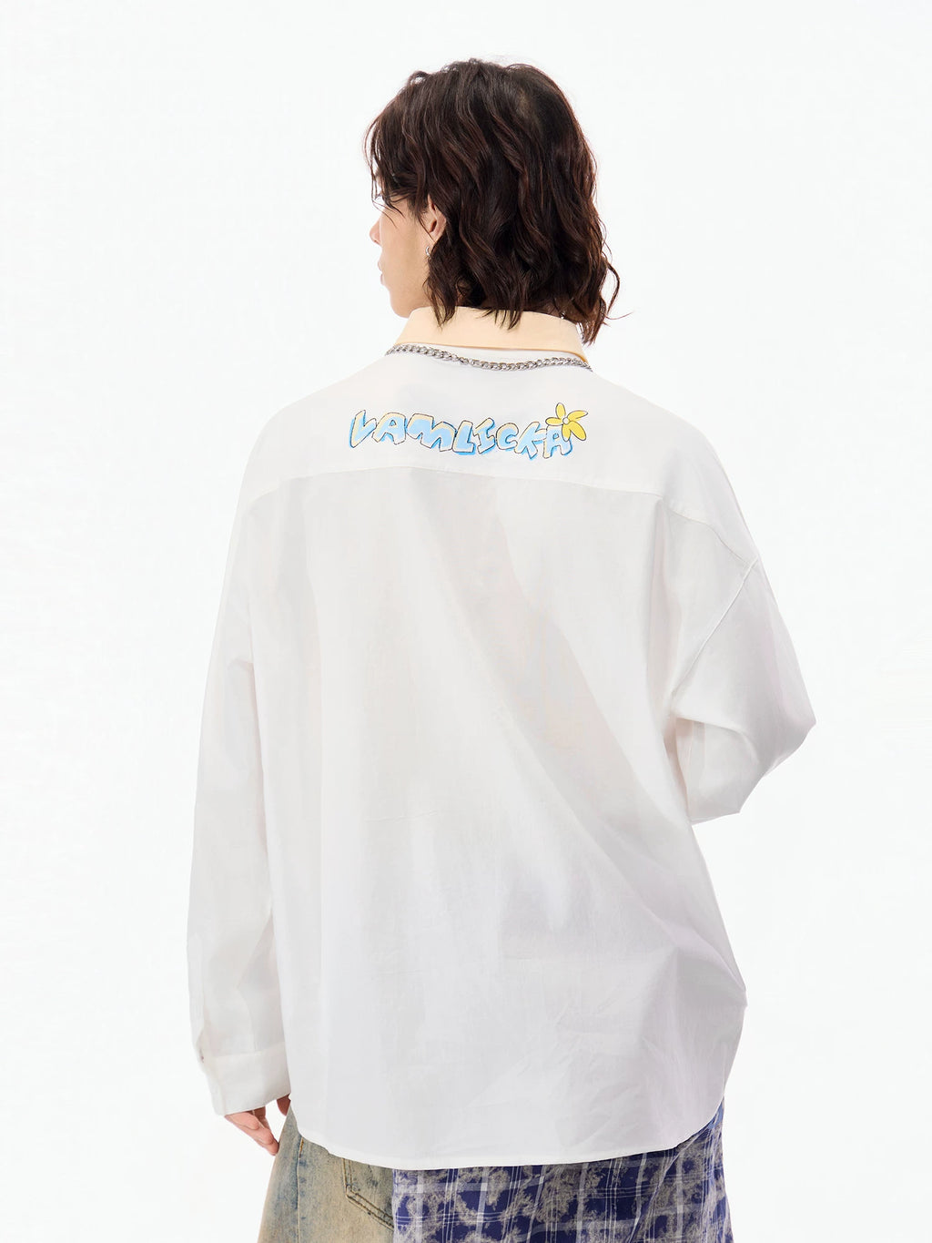 LAMLICKA Tie Print White Long Sleeve Shirt Unisex Relaxed Fit Streetwear Button - Up Overshirt - LAMLICKA