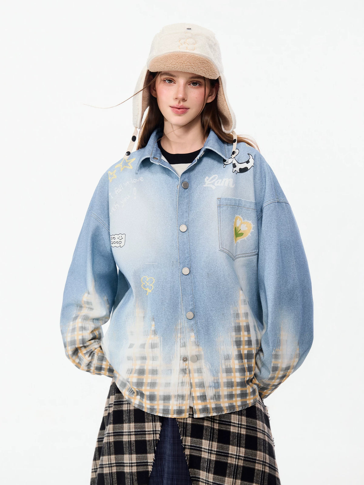 LAMLICKA Men's Blue Plaid Patchwork Shirt, Denim Look Long Sleeve Casual Overshirt - LAMLICKA