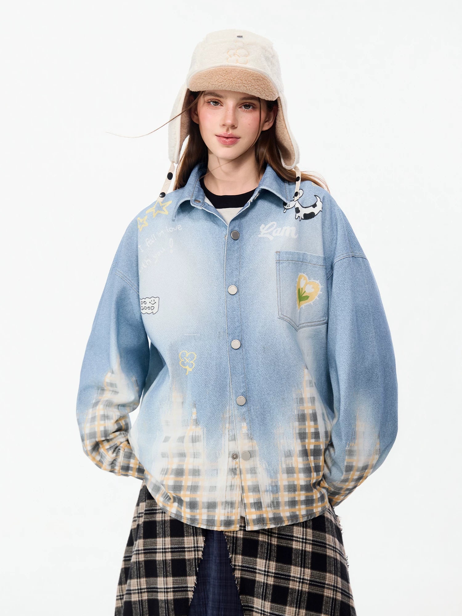LAMLICKA Men's Blue Plaid Patchwork Shirt, Denim Look Long Sleeve Casual Overshirt - LAMLICKA