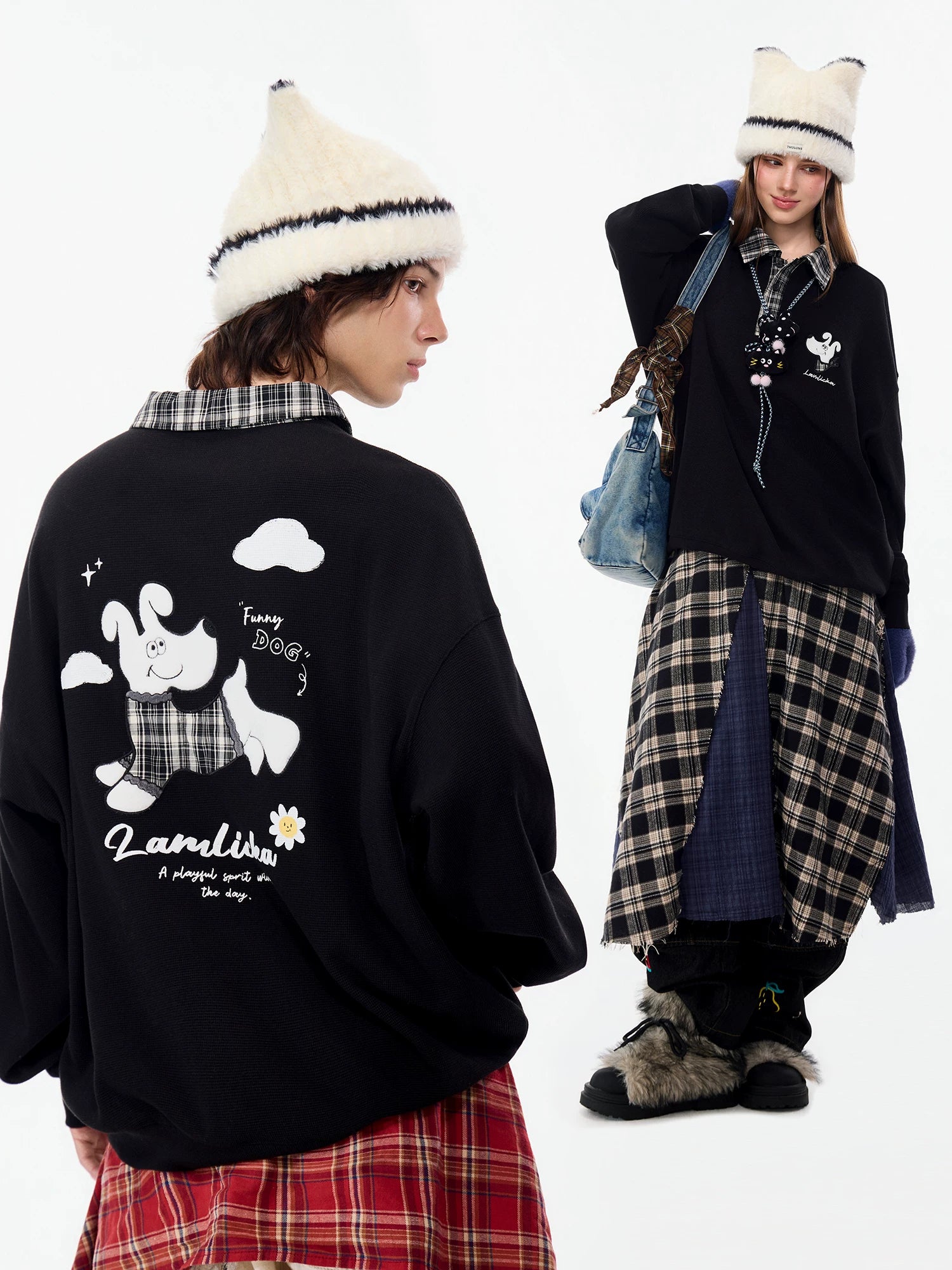 LAMLICKA Embroidered Plaid Polo Sweatshirt – Oversized Streetwear Pullover - Sweatshirt - LAMLICKA