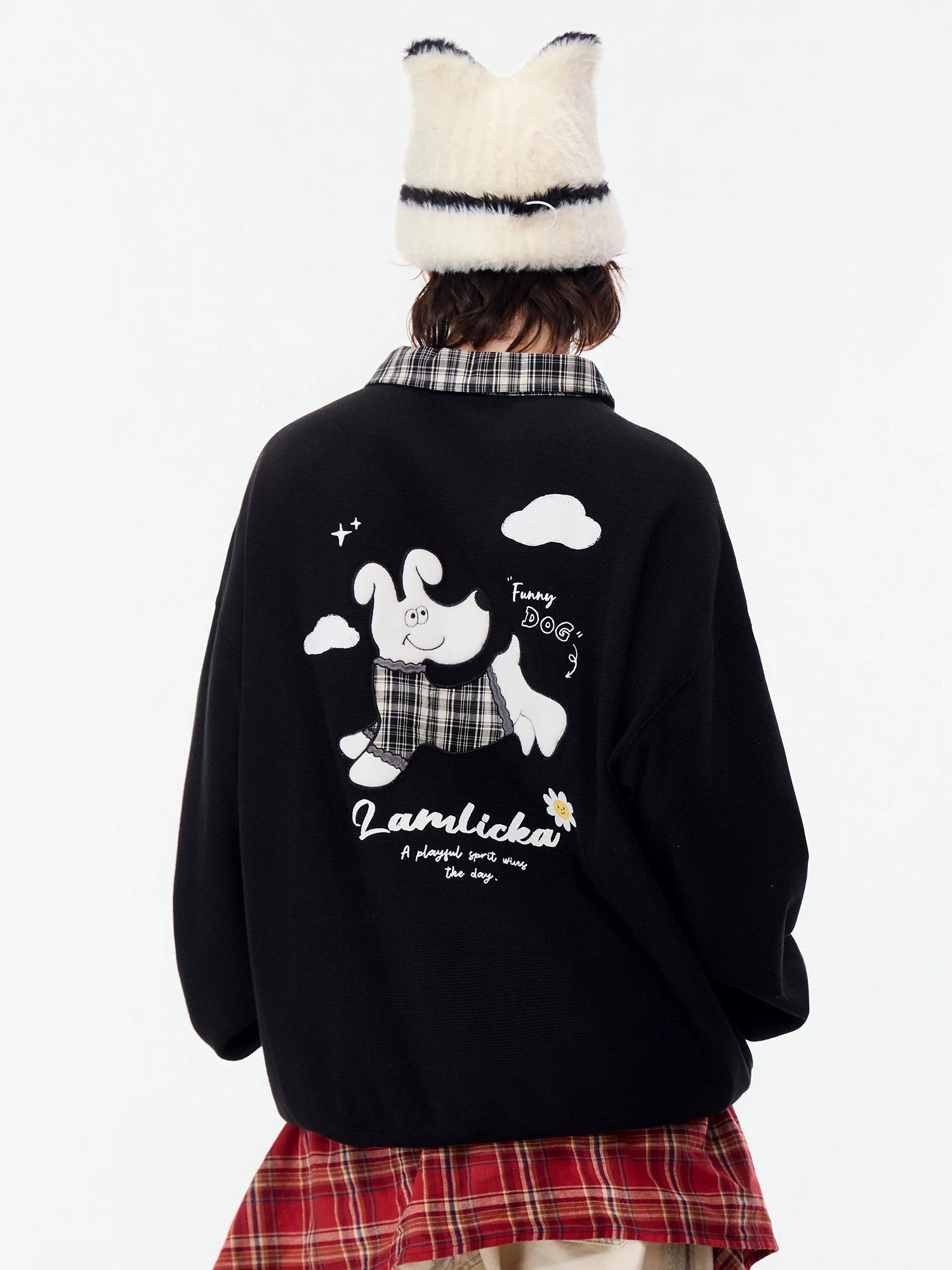 LAMLICKA Embroidered Plaid Polo Sweatshirt – Oversized Streetwear Pullover - Sweatshirt - LAMLICKA