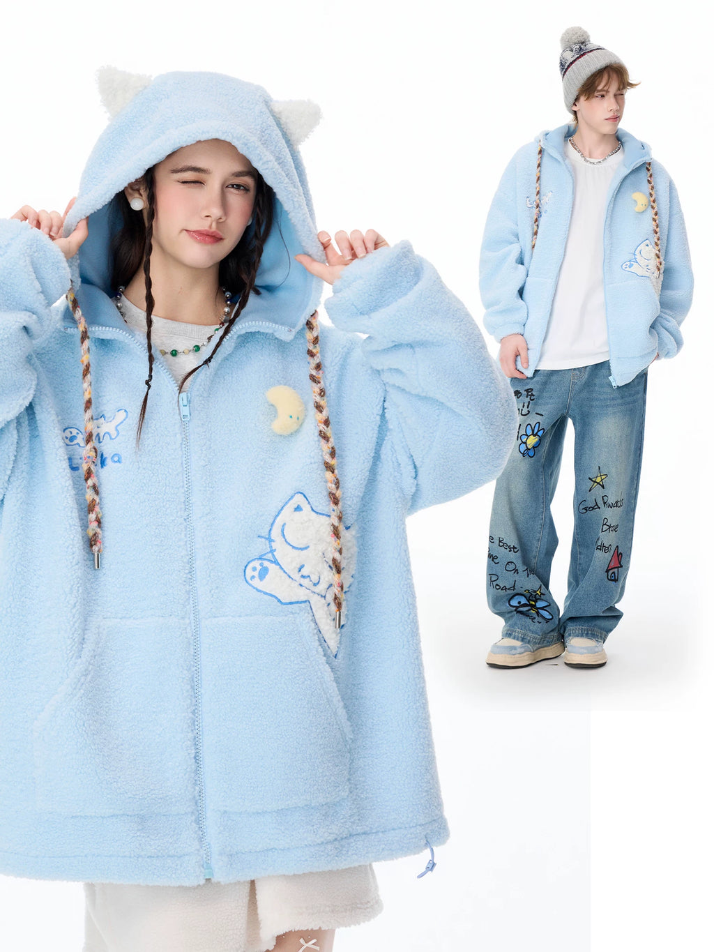 LAMLICKA周深同款蓝色保暖羊羔毛棉服外套男冬季加厚宽松连帽夹克