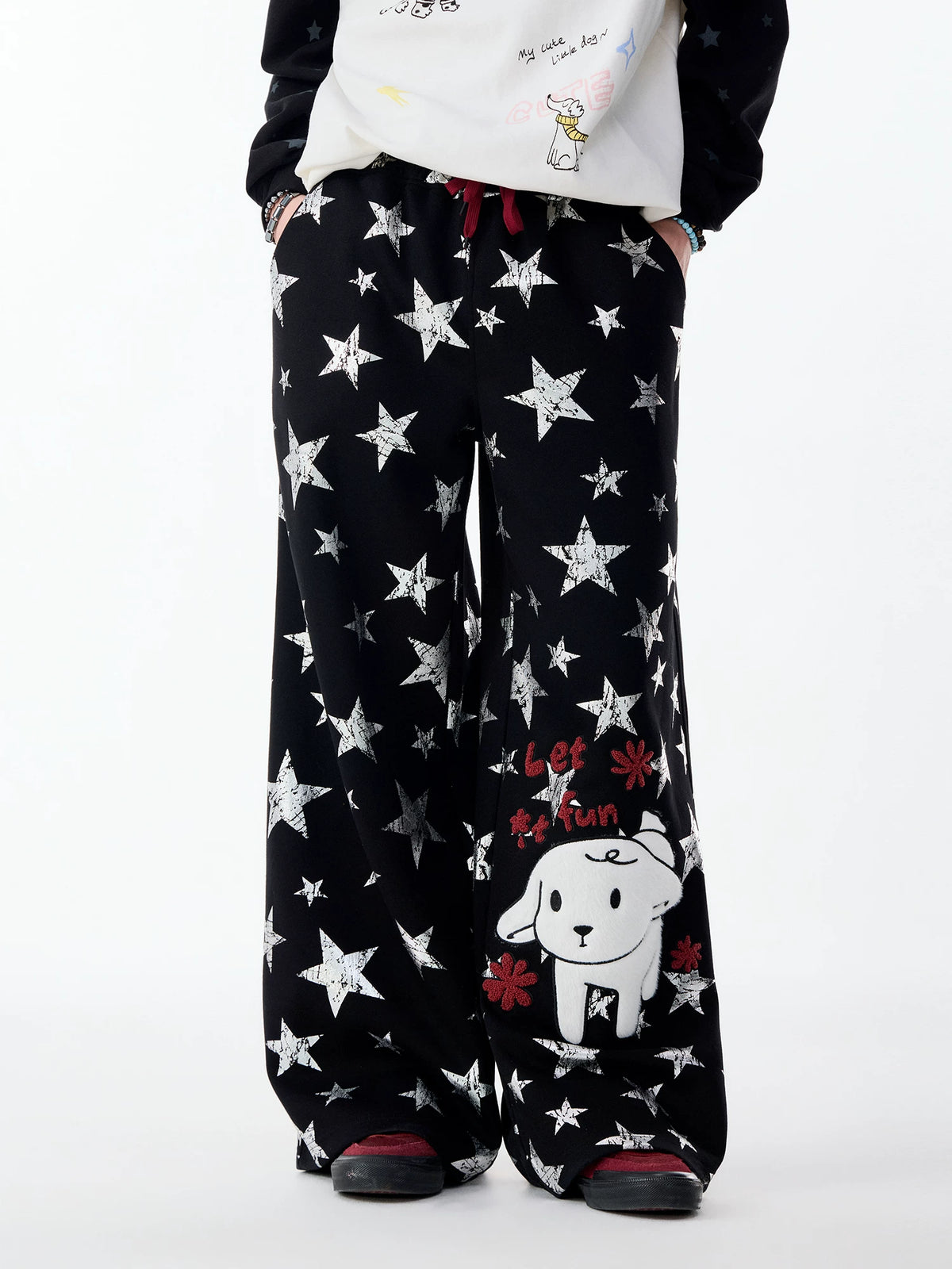Lamlicka All - Over Star Print Wide - Leg Casual Pants with Dog Graphic - Pants - LAMLICKA