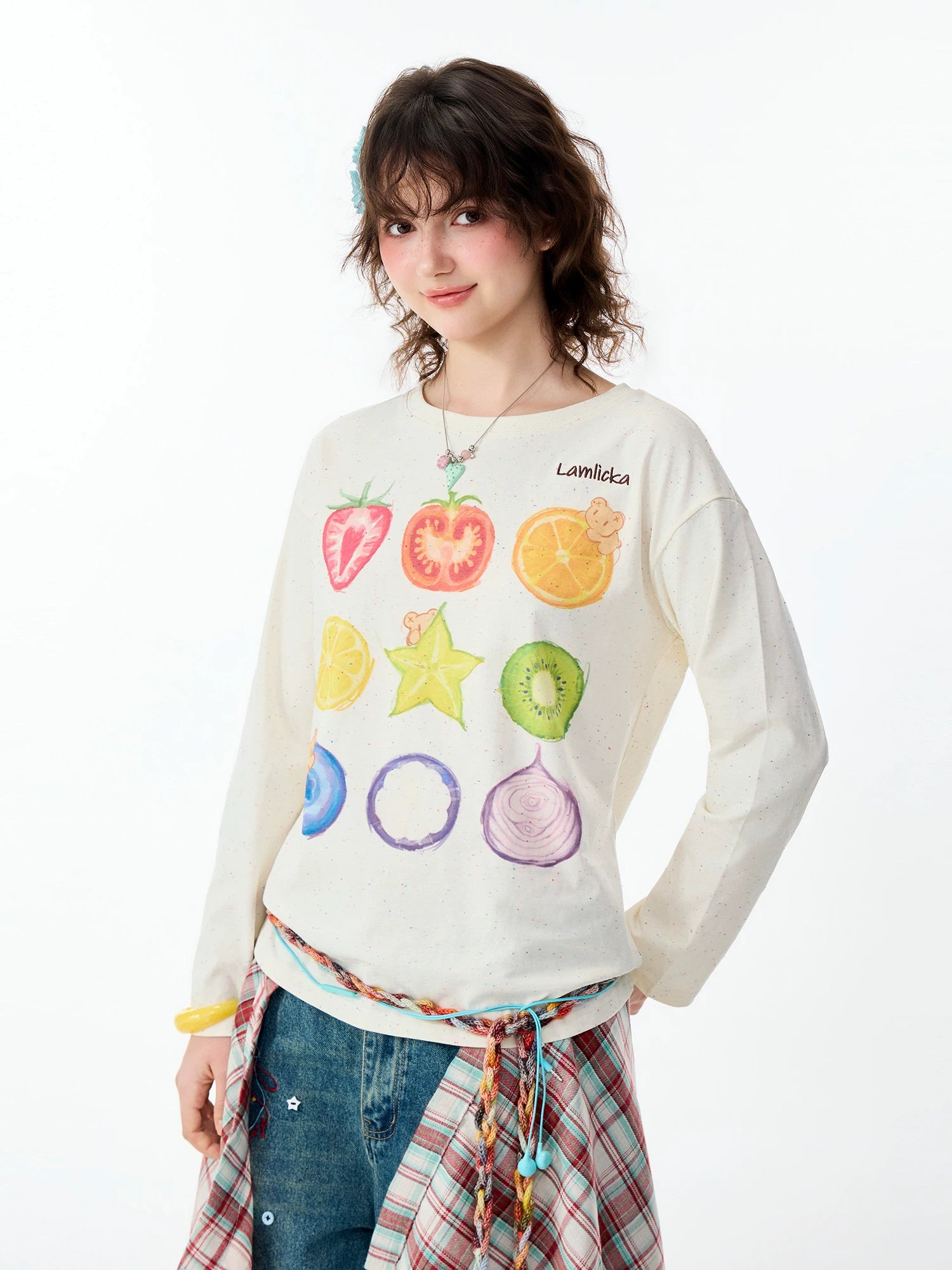 Lamlicka Dopamine Fruit Print Long Sleeve Cotton Tee - Tops - LAMLICKA