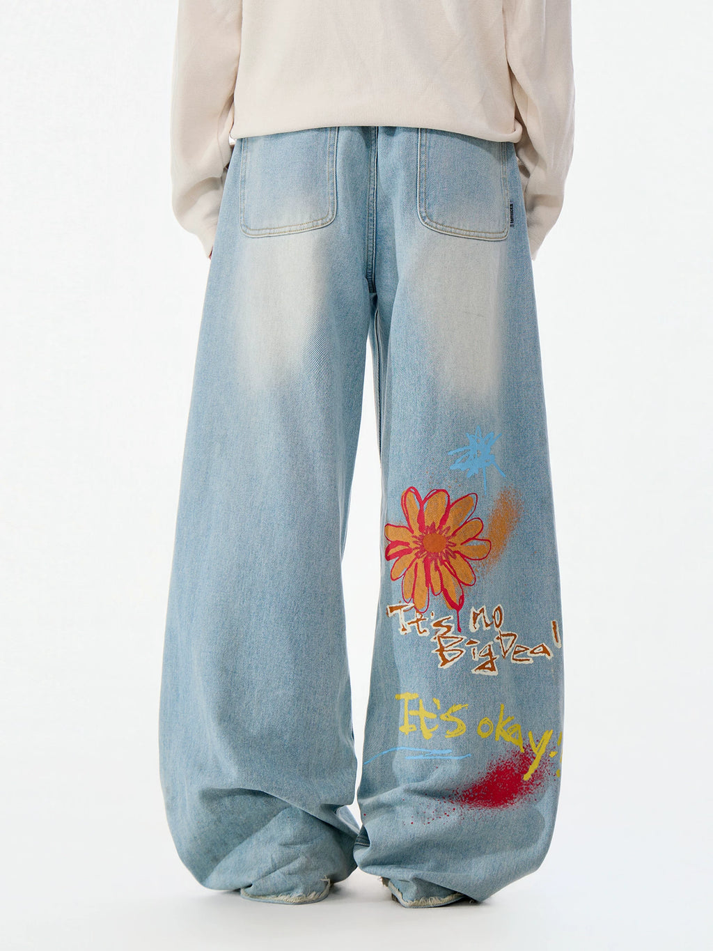 Lamlicka floral graffiti denim wide leg jeans - american high street heavyweight washed straight leg pants - LAMLICKA