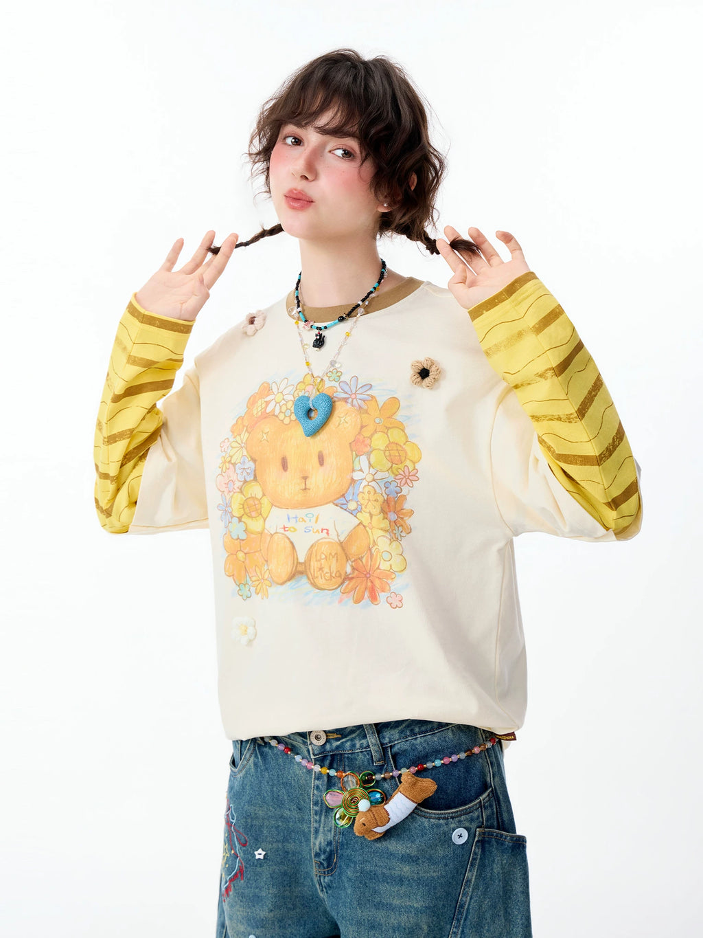 Lamlicka Bear Color Block Faux Two - Piece Cotton Long Sleeve Tee - LAMLICKA