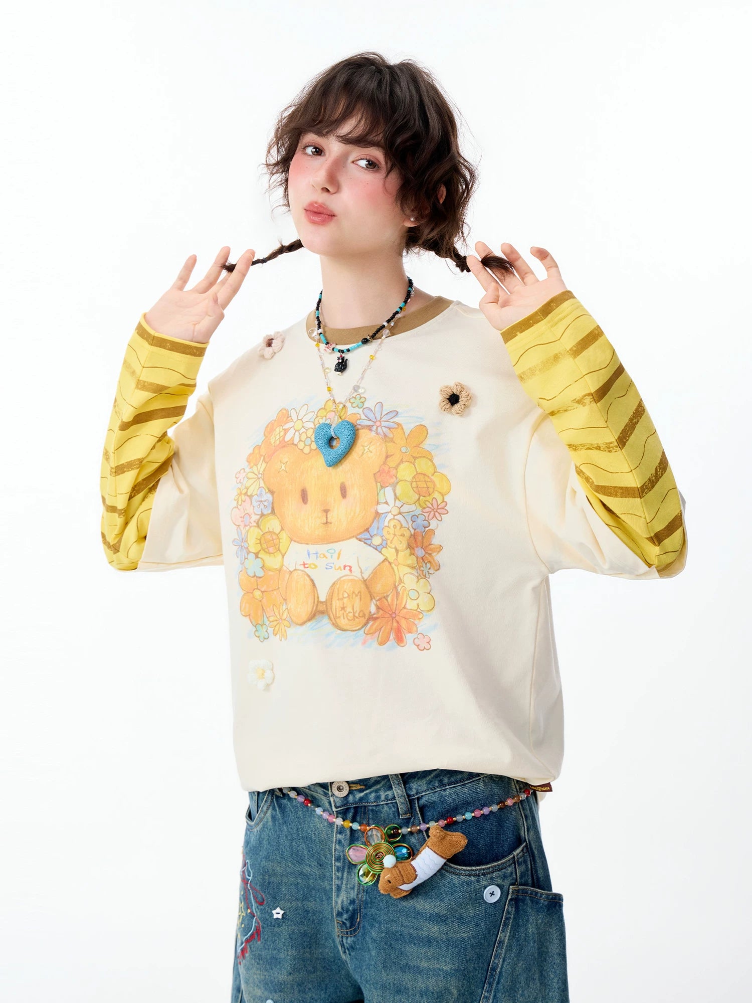 Lamlicka Bear Color Block Faux Two - Piece Cotton Long Sleeve Tee - LAMLICKA