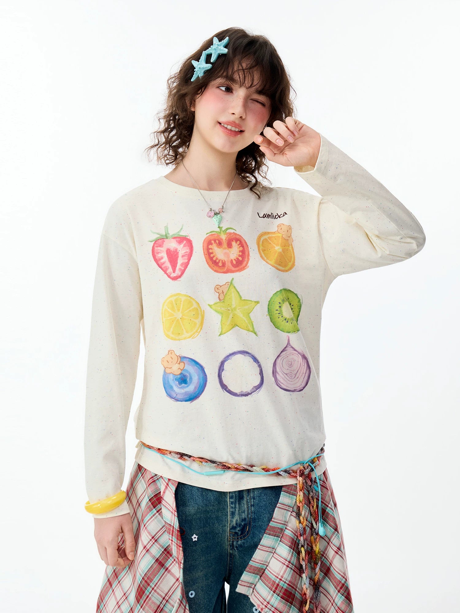 Lamlicka Dopamine Fruit Print Long Sleeve Cotton Tee - Tops - LAMLICKA
