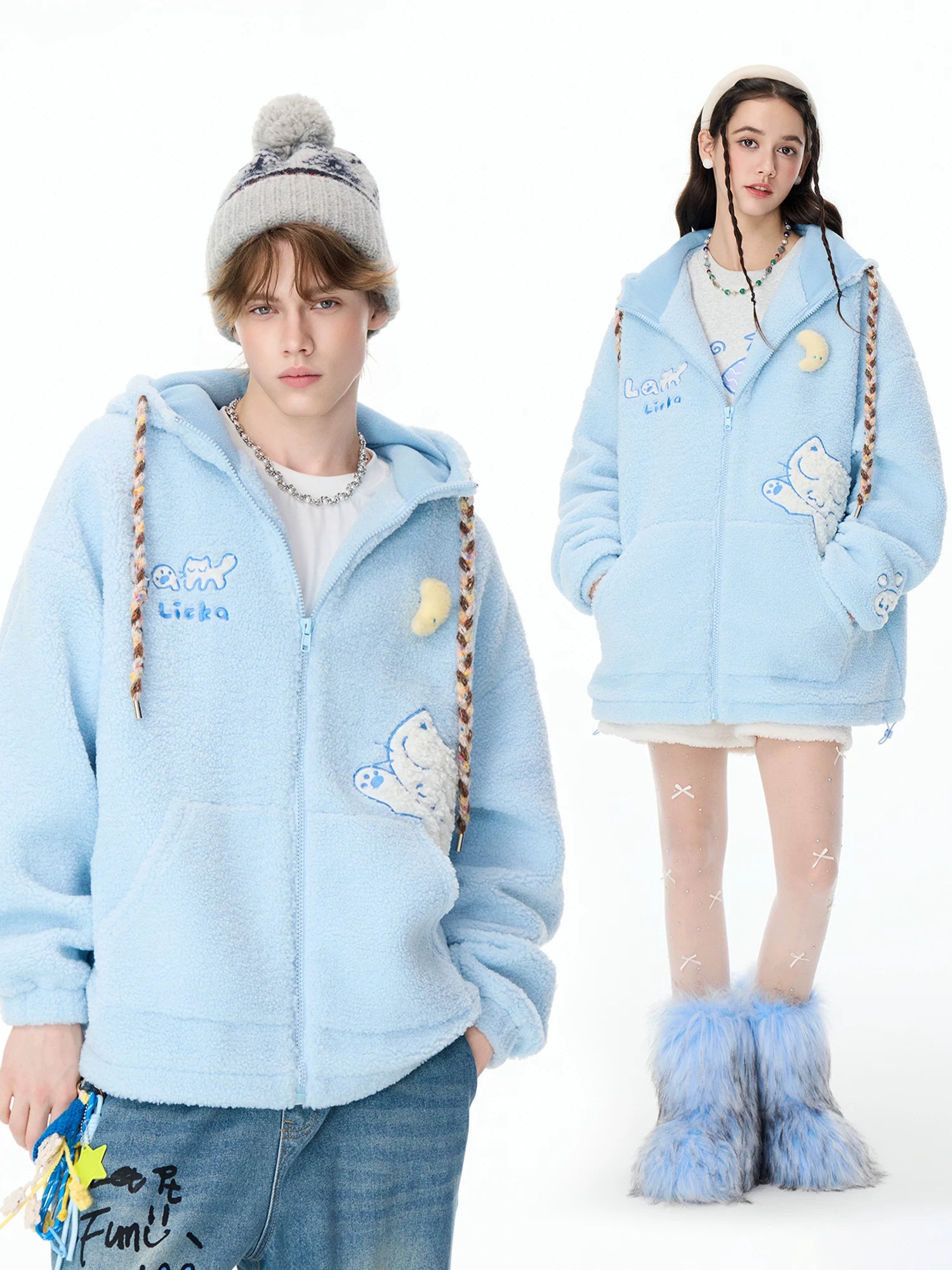 LAMLICKA周深同款蓝色保暖羊羔毛棉服外套男冬季加厚宽松连帽夹克