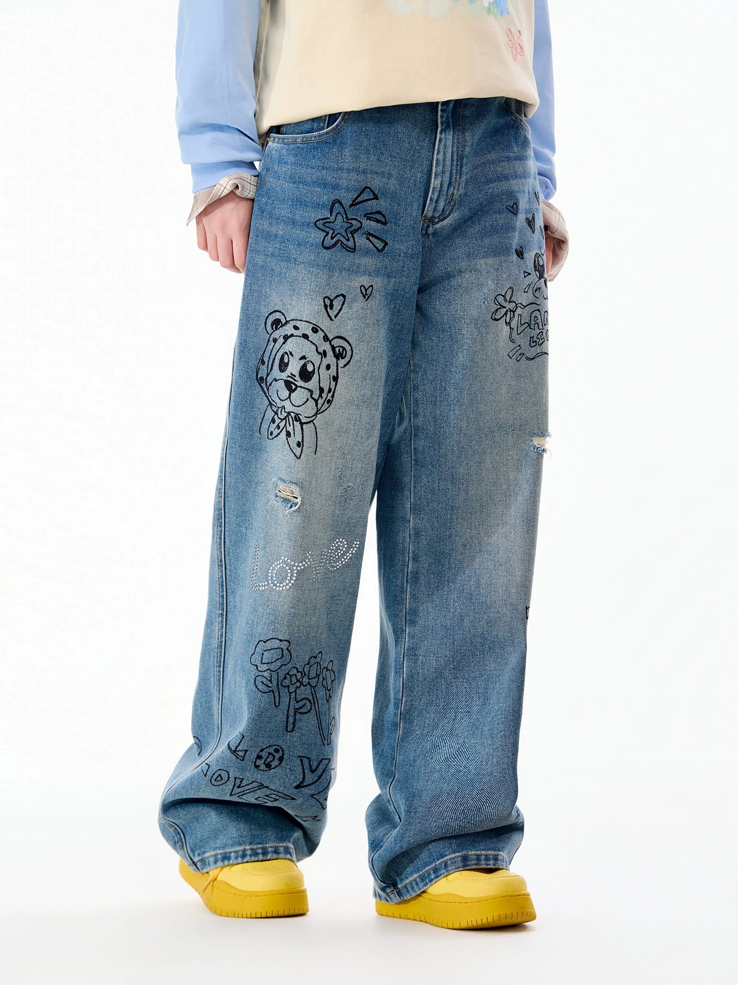 LAMLICKA Graffiti Washed Blue Straight - Leg Jeans Unisex Relaxed Fit Vintage American Style Denim Pants - LAMLICKA