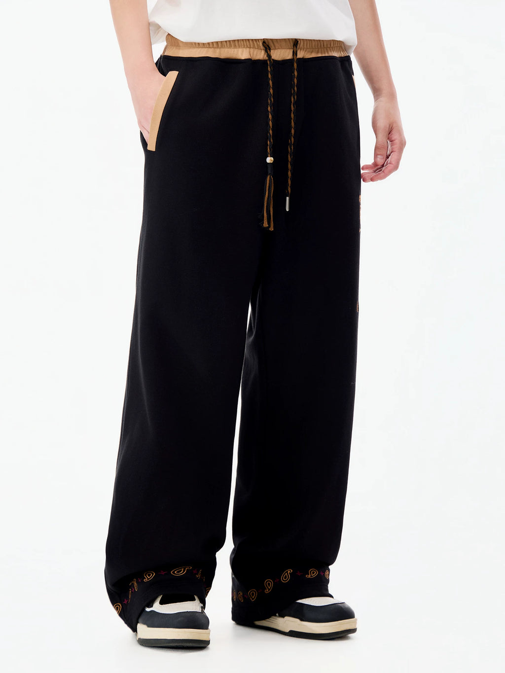 LAMLICKA Ethnic Style Black Wide - Leg Trousers – Relaxed Fit Colorblock Casual Pants for Men, Drape Straight - Cut - LAMLICKA