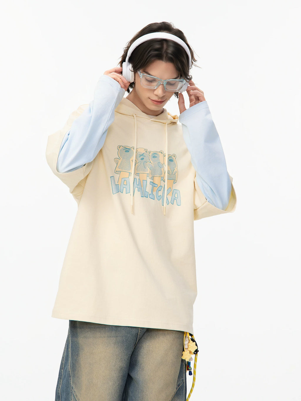 LAMLICKA apricot letter fake two - piece long - sleeved t - shirt - LAMLICKA