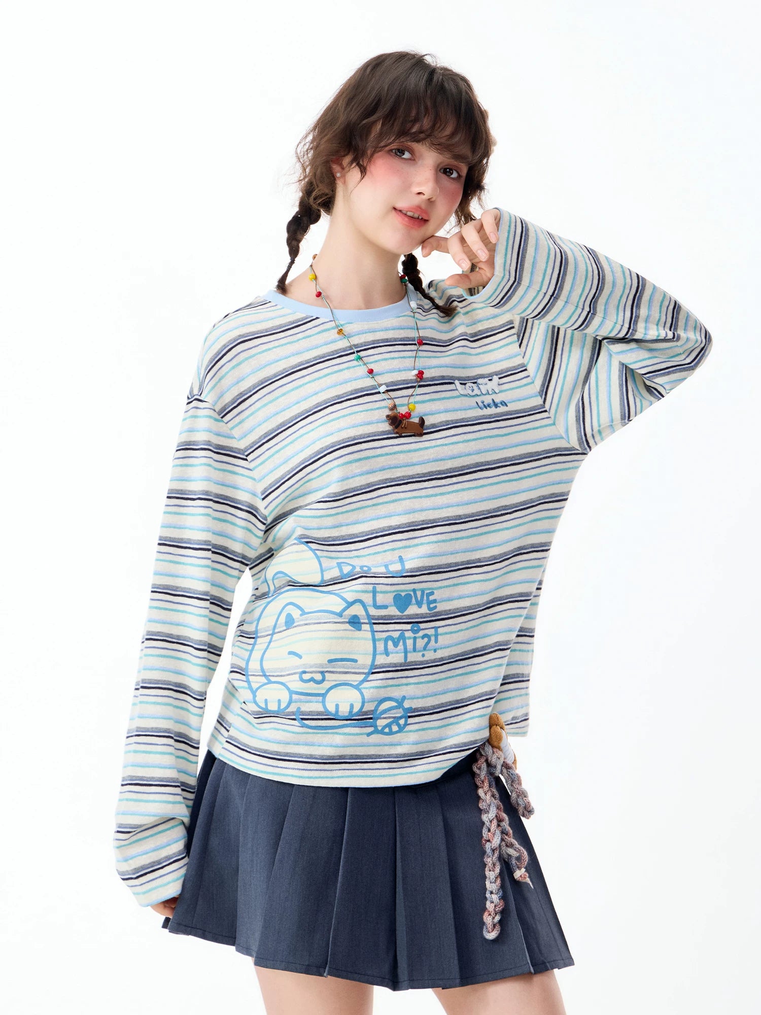 Lamlicka Vintage Stripe Cat Graphic Long Sleeve Cotton Tee - Tops - LAMLICKA