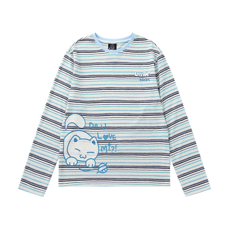Lamlicka Vintage Stripe Cat Graphic Long Sleeve Cotton Tee - Tops - LAMLICKA - Blue - L