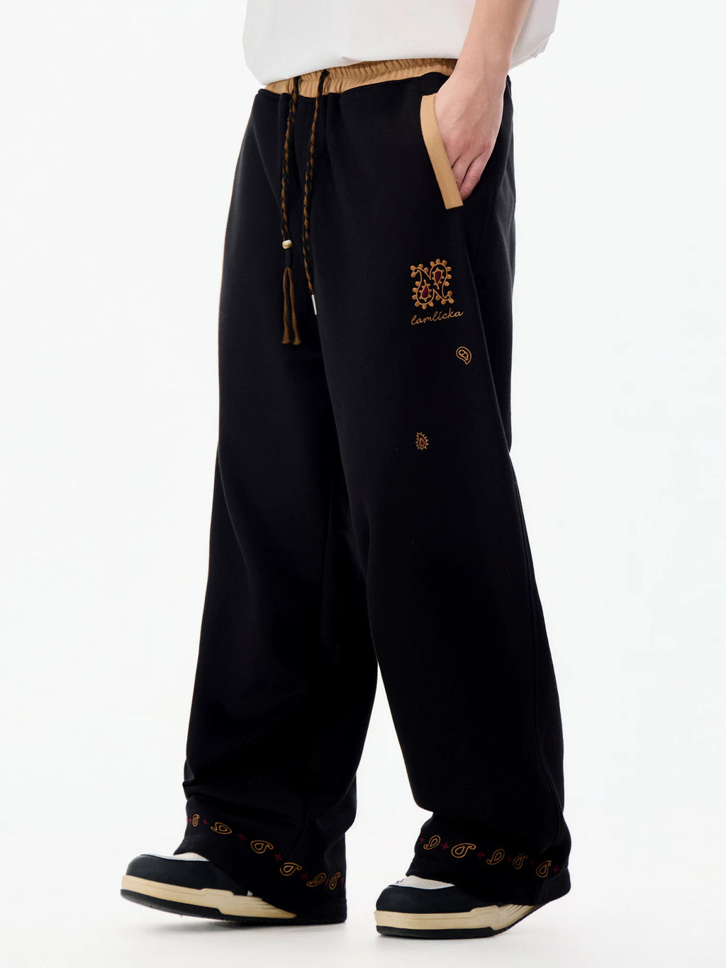 LAMLICKA Ethnic Style Black Wide - Leg Trousers – Relaxed Fit Colorblock Casual Pants for Men, Drape Straight - Cut - LAMLICKA