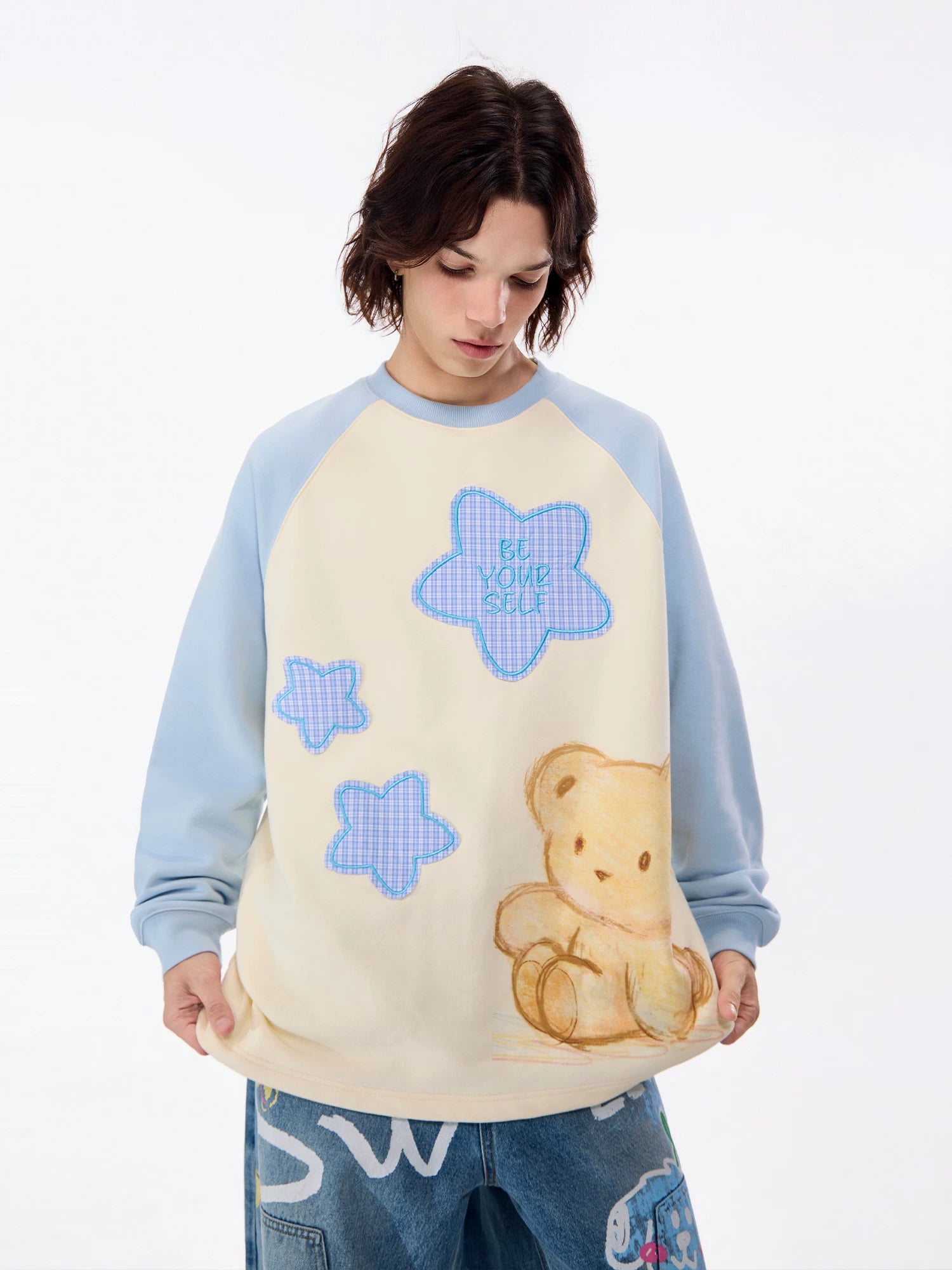 LAMLICKA beige bear color-block crewneck sweatshirt, product image 2