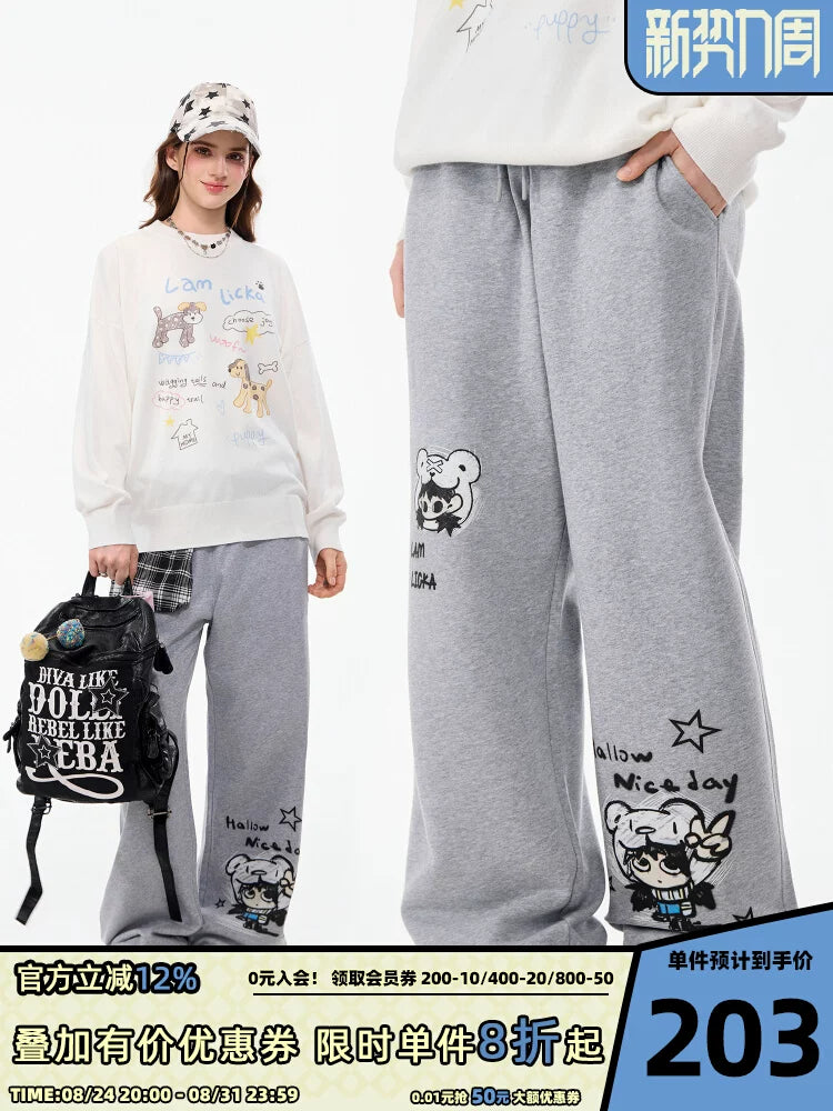 LAMLICKA gray cartoon print wide-leg pants, product image 1