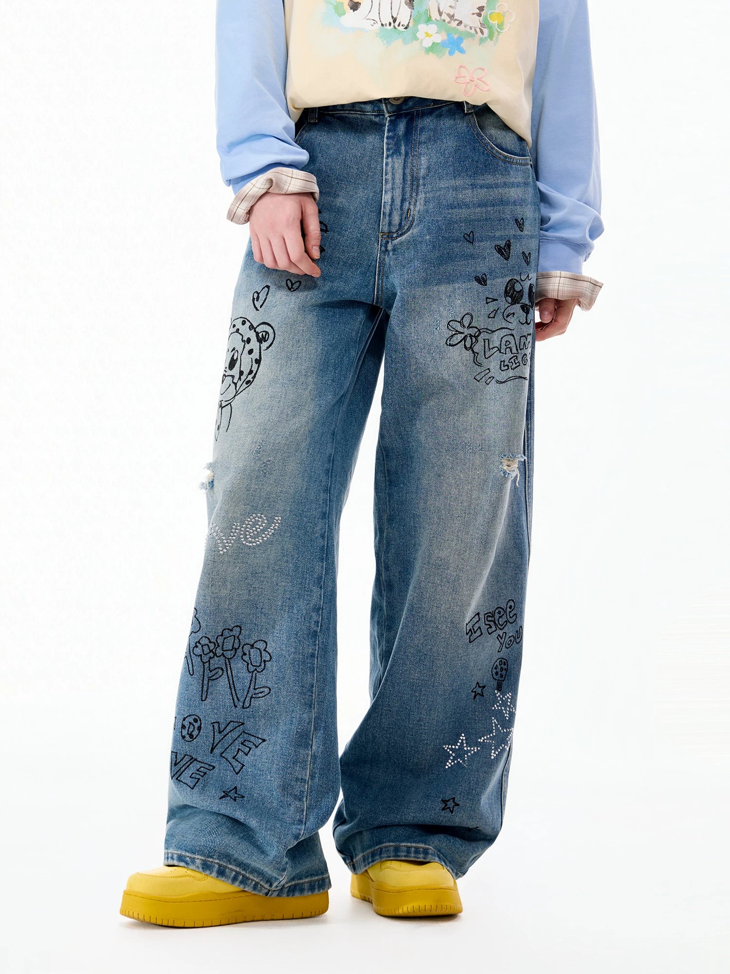 LAMLICKA Graffiti Washed Blue Straight - Leg Jeans Unisex Relaxed Fit Vintage American Style Denim Pants - LAMLICKA