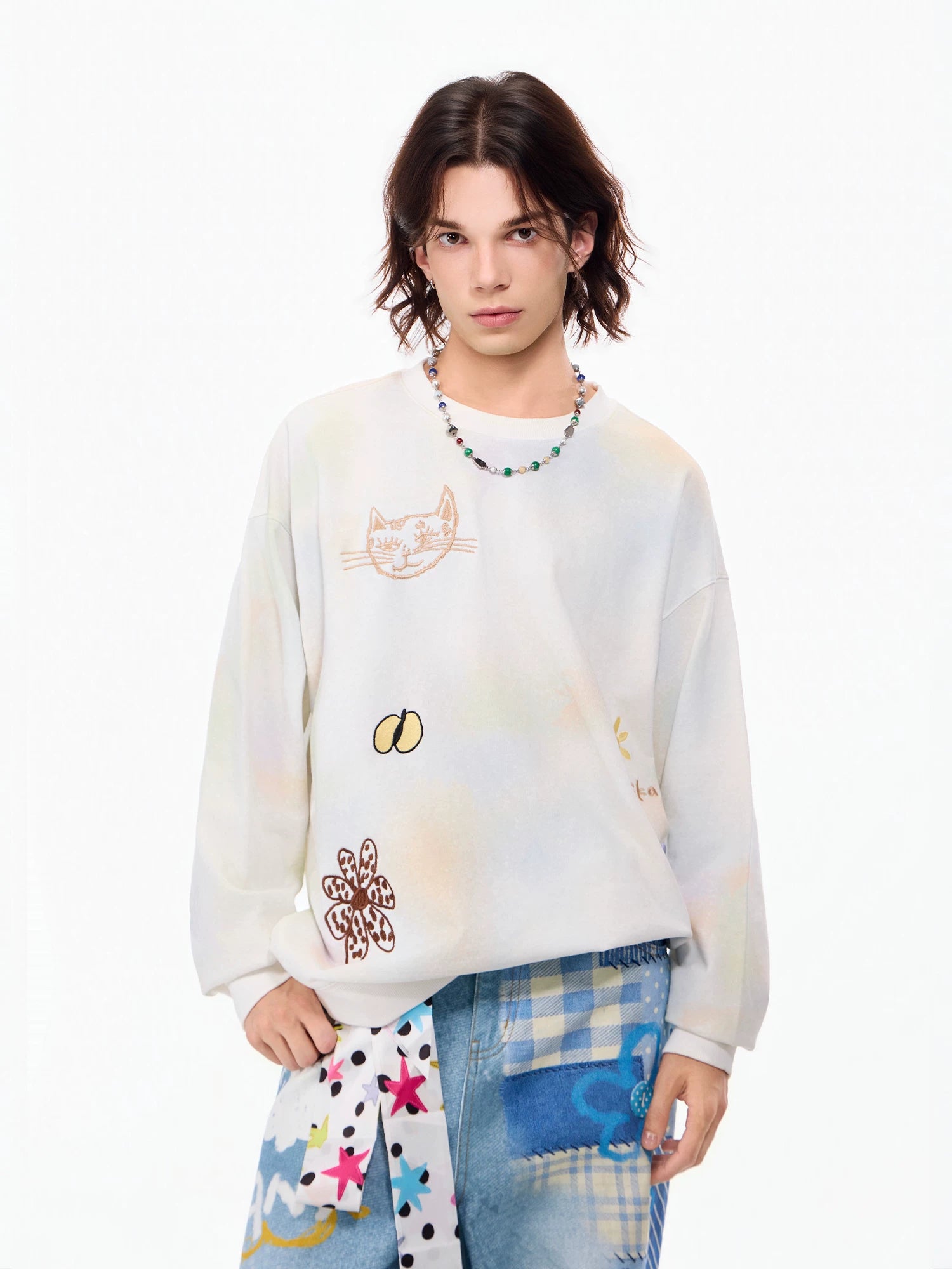 LAMLICKA white embroidered dip-dye crewneck sweatshirt, product image 2