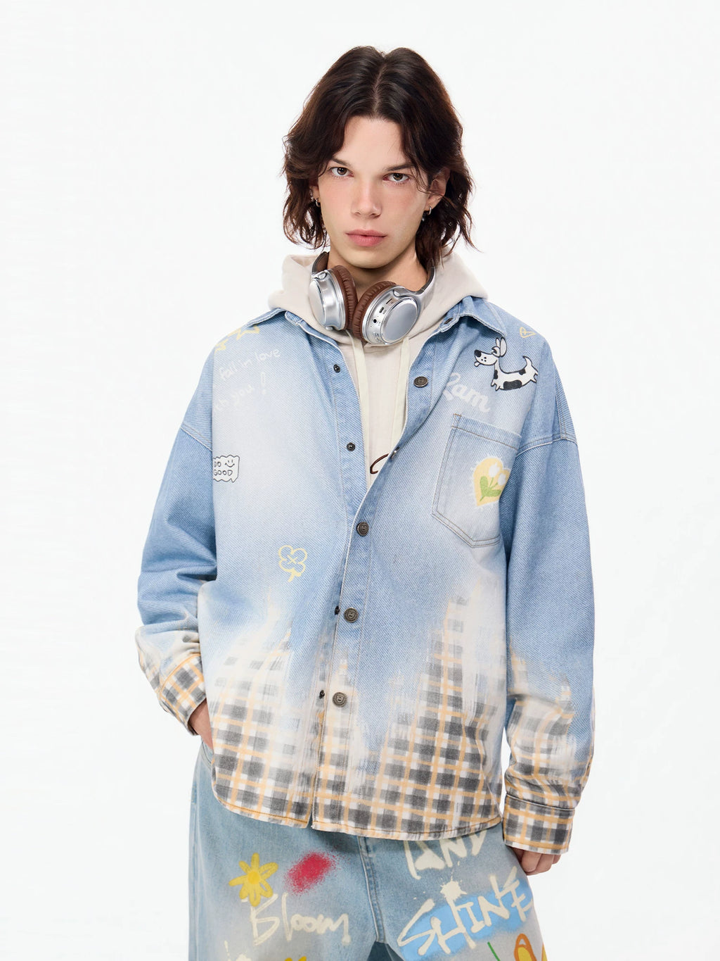 LAMLICKA Men's Blue Plaid Patchwork Shirt, Denim Look Long Sleeve Casual Overshirt - LAMLICKA