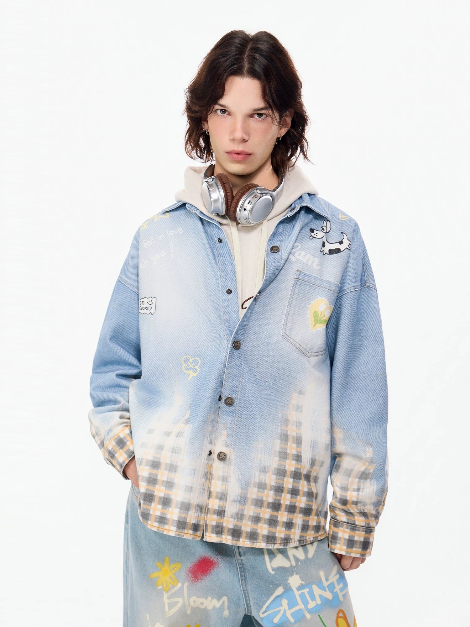 LAMLICKA Men's Blue Plaid Patchwork Shirt, Denim Look Long Sleeve Casual Overshirt - LAMLICKA