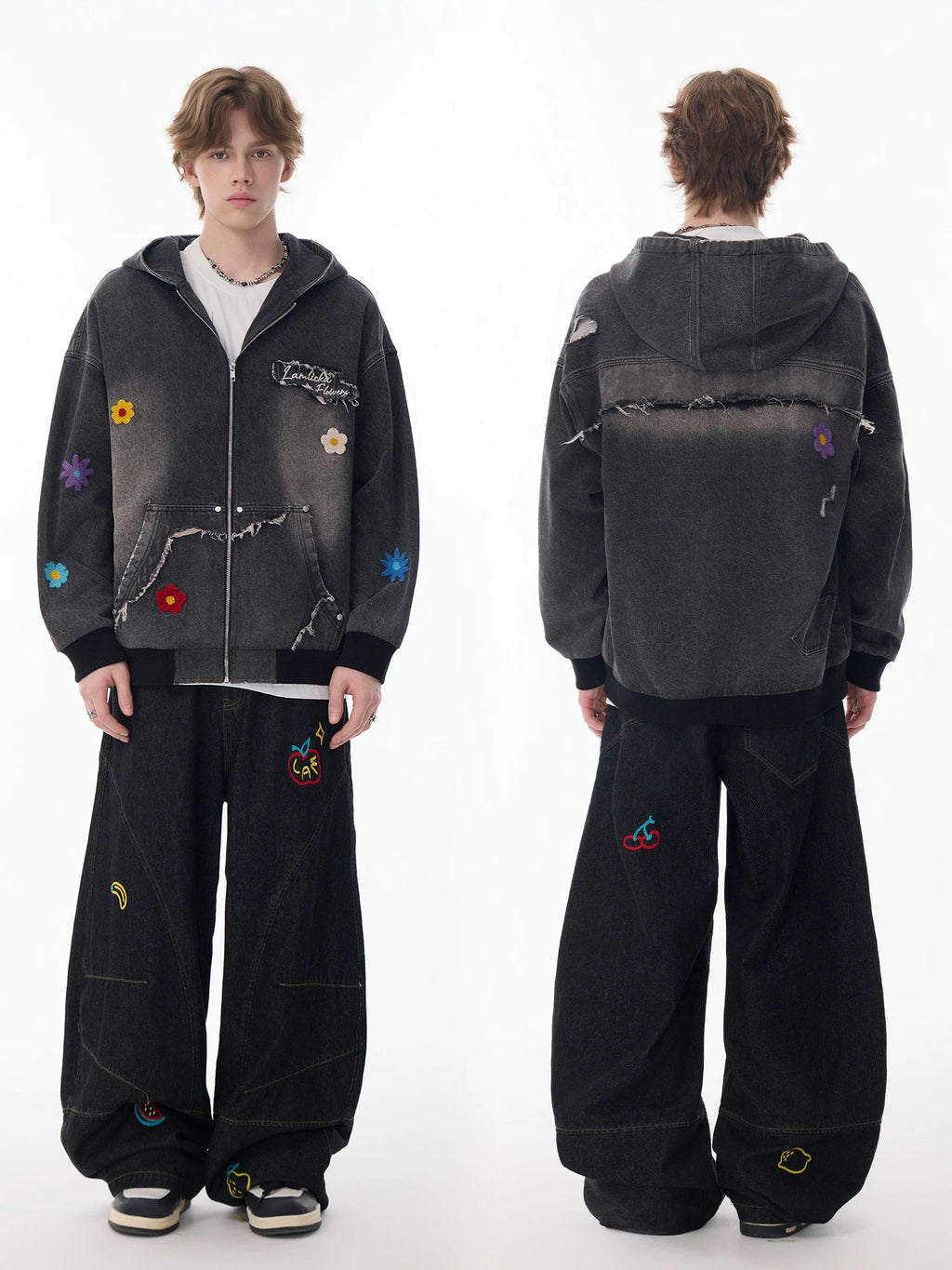 Lamlicka Colorful Flower Embroidery Washed Denim Hooded Jacket Oversized - Jackets & Coats - LAMLICKA