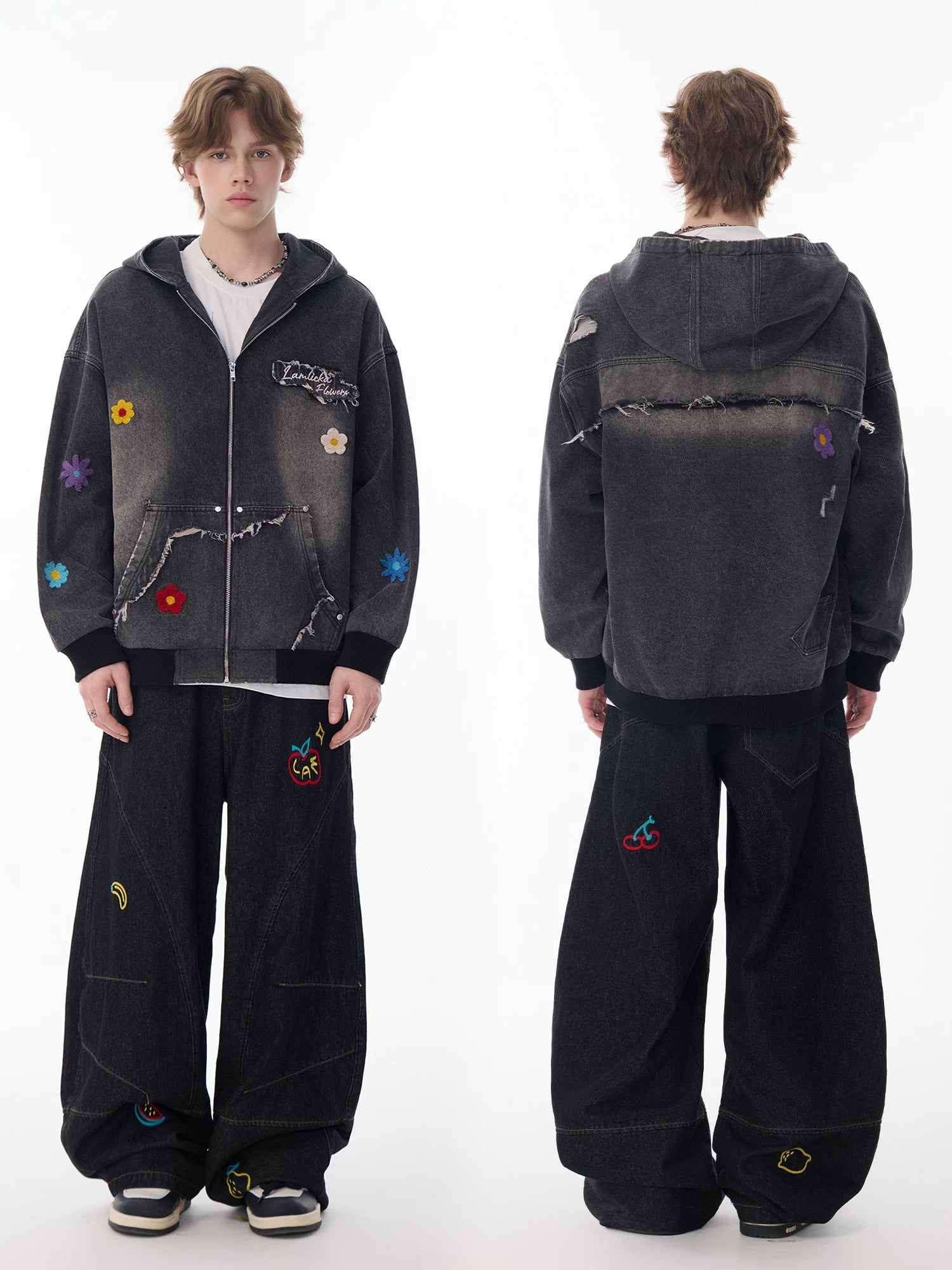 Lamlicka Colorful Flower Embroidery Washed Denim Hooded Jacket Oversized - Jackets & Coats - LAMLICKA