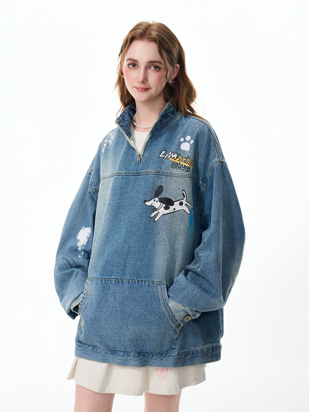 LAMLICKA Hand - Painted Blue Half - Zip Denim Jacket - Vintage Style for Men - LAMLICKA