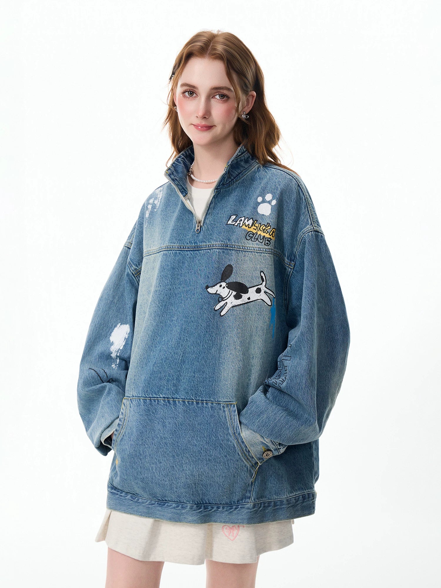 LAMLICKA Hand - Painted Blue Half - Zip Denim Jacket - Vintage Style for Men - LAMLICKA