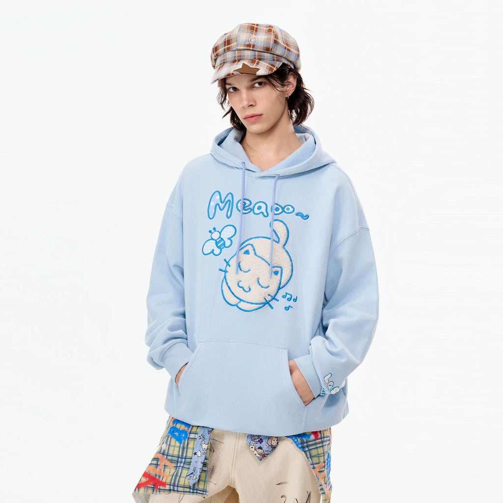 LAMLICKA Embroidered Cat Heavyweight Hoodie Unisex Oversized Pullover Streetwear Sweatshirt - LAMLICKA