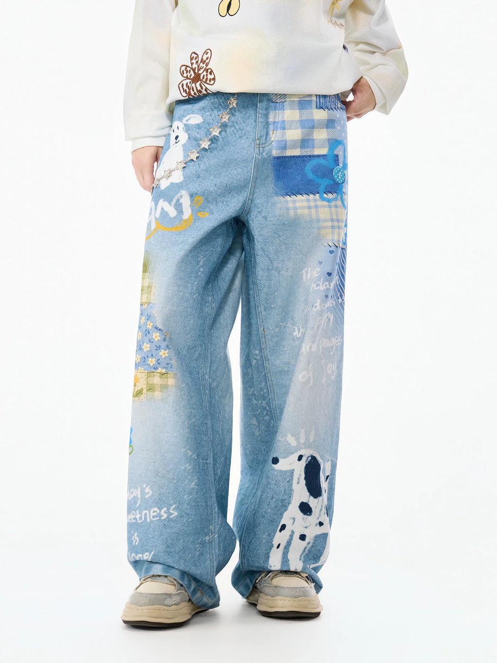 LAMLICKA vintage blue faux-denim wide-leg pants, product image 4