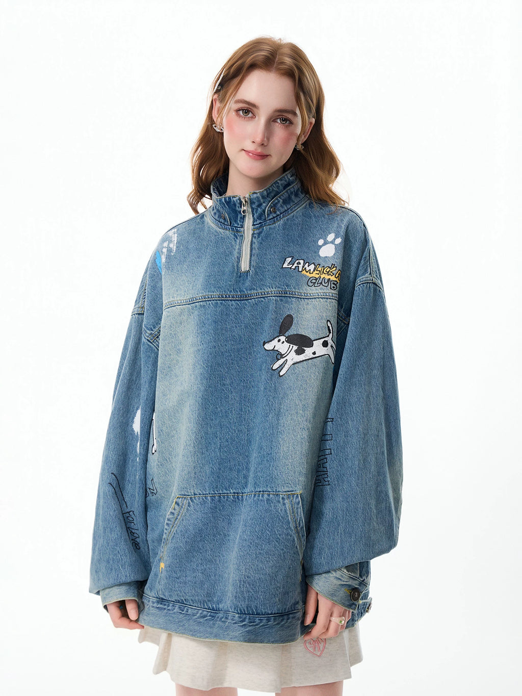 LAMLICKA Hand - Painted Blue Half - Zip Denim Jacket - Vintage Style for Men - LAMLICKA