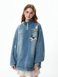 LAMLICKA Hand - Painted Blue Half - Zip Denim Jacket - Vintage Style for Men - LAMLICKA