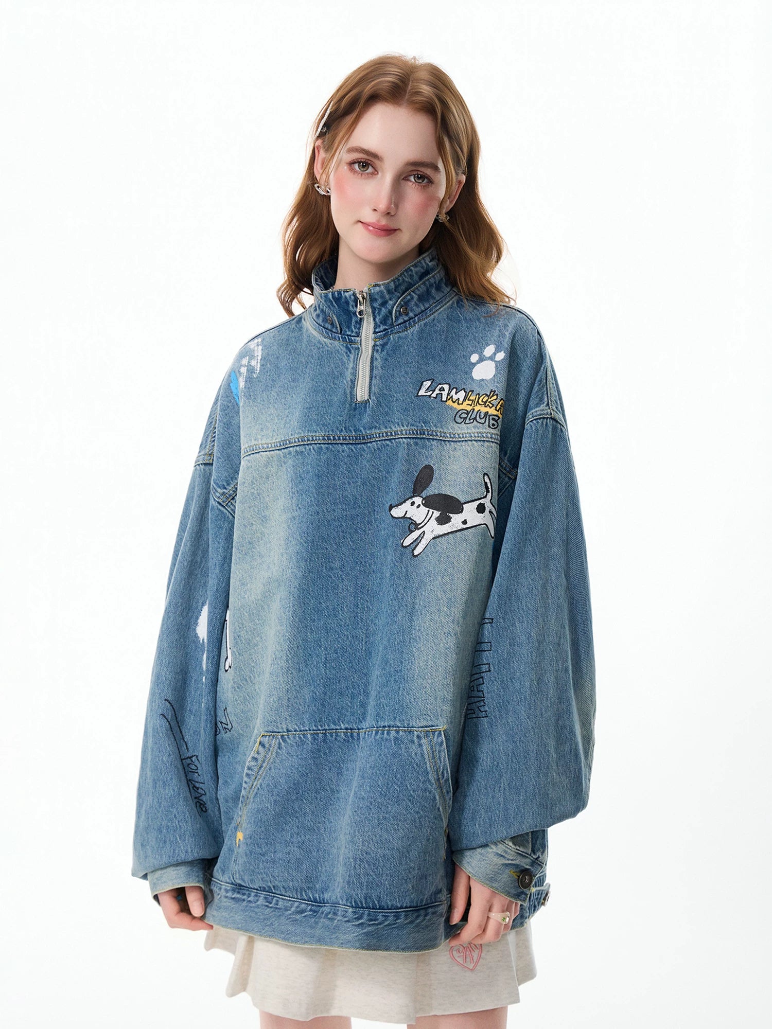 LAMLICKA Hand - Painted Blue Half - Zip Denim Jacket - Vintage Style for Men - LAMLICKA
