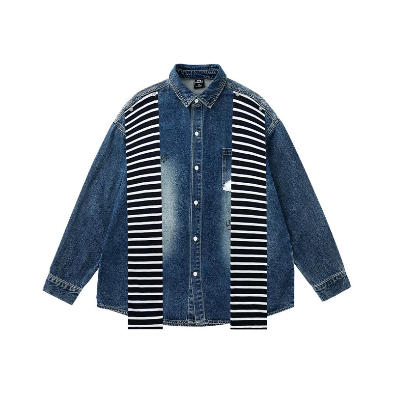 Lamlicka Elevate Your Style with the Striped Denim Overshirt for Men - LAMLICKA - 蓝色 （披肩可拆卸） - 2XL 适合175 - 200斤 - 6118114793172